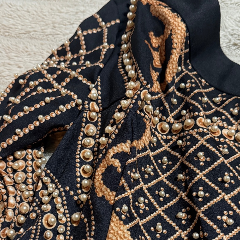 Black Gold Pearl Embellished One Shoulder Mini Dress | Statement - Picture 6 of 8